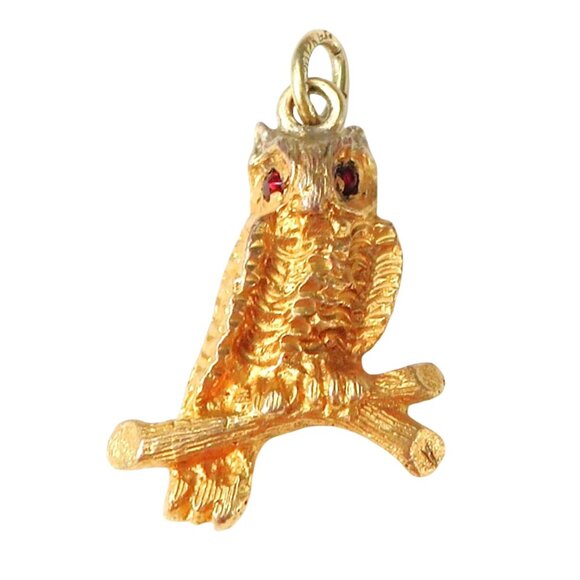 Vintage 12K Gold Filled Art Deco Owl Charm Pendant with Garnets as Eyes - Picture 1 of 8